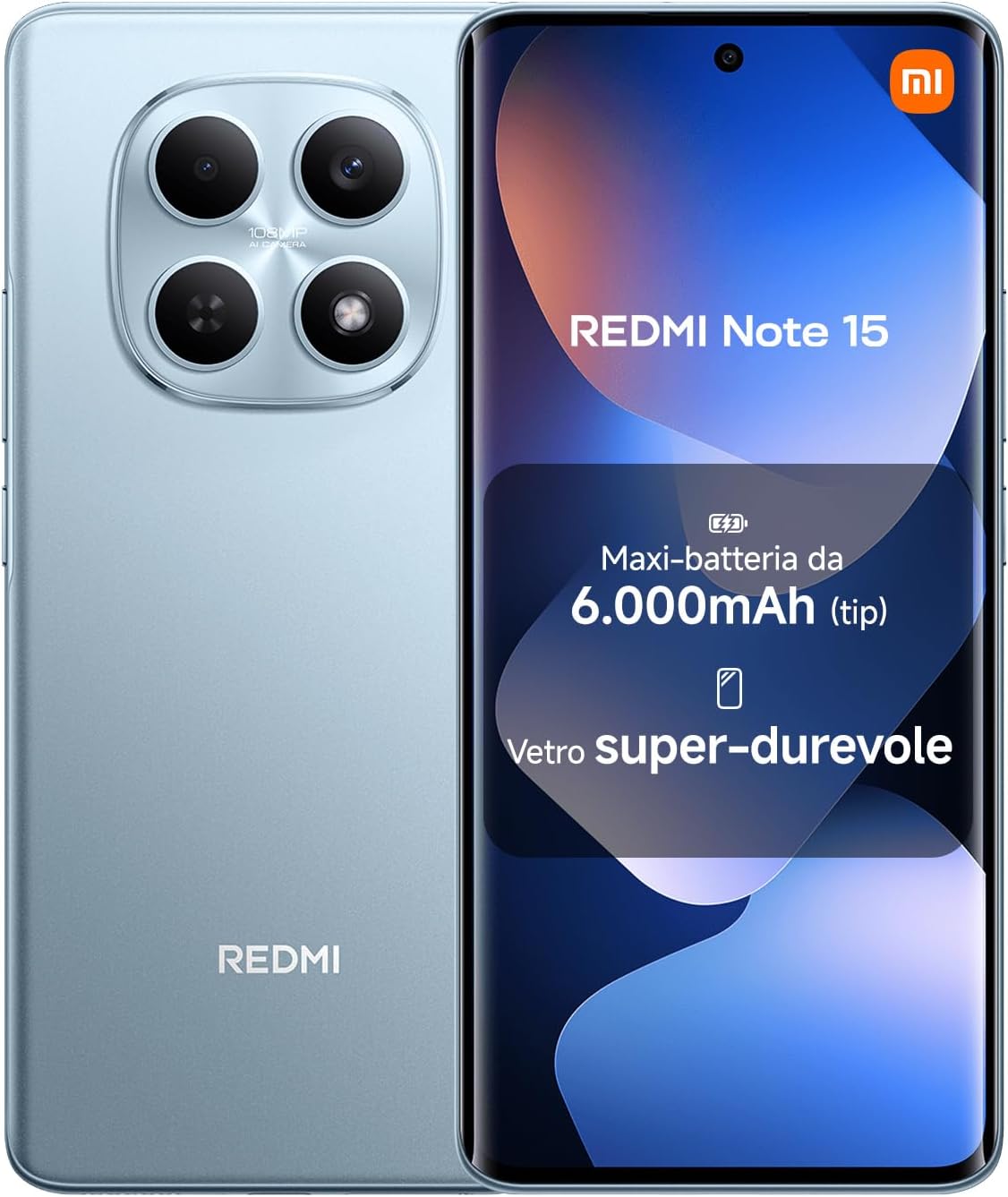 XIAOMI Redmi Note 15, Smartphone 8+256GB, Batteria da 6000 mAh, Resistenza all’acqua, Fotocamera super nitida da 108 MP, Display FHD+ da 6,77", Blu Ghiacciaio, Garanzia 2 anni, Caricatore non incluso
