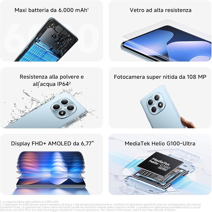 XIAOMI Redmi Note 15, Smartphone 8+256GB, Batteria da 6000 mAh, Resistenza all’acqua, Fotocamera super nitida da 108 MP, Display FHD+ da 6,77", Blu Ghiacciaio, Garanzia 2 anni, Caricatore non incluso - immagine 6